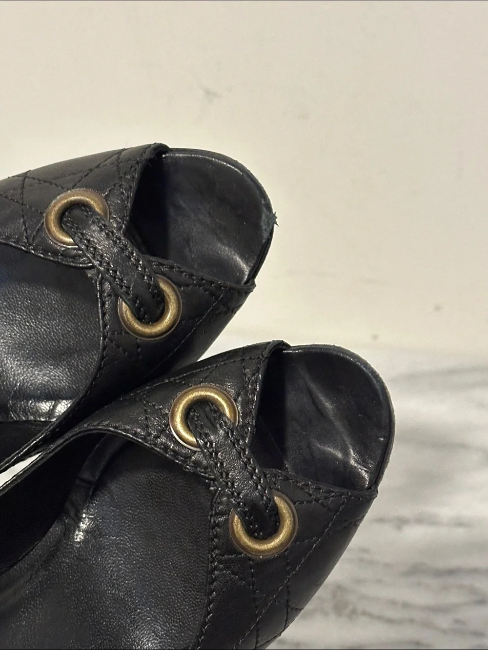 Dior Black Leather Peep-Toe Pumps with Gold Eyelet Detail & D charm Sz 37.5